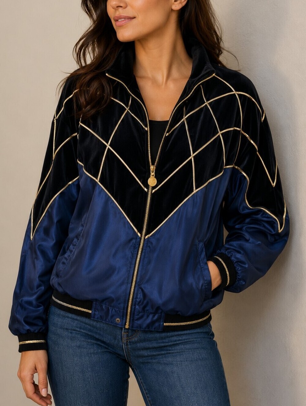 VTG IVANA 1980s Velour Embellished Spider Web Bomber Goth Track Jacket